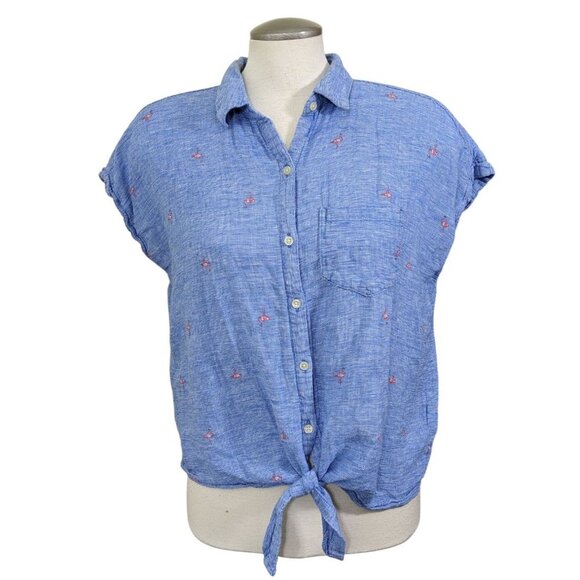 Old Navy Womens Button Up Tie Front Shirt Size L Blue Linen Cotton Flamingos - Picture 6 of 9